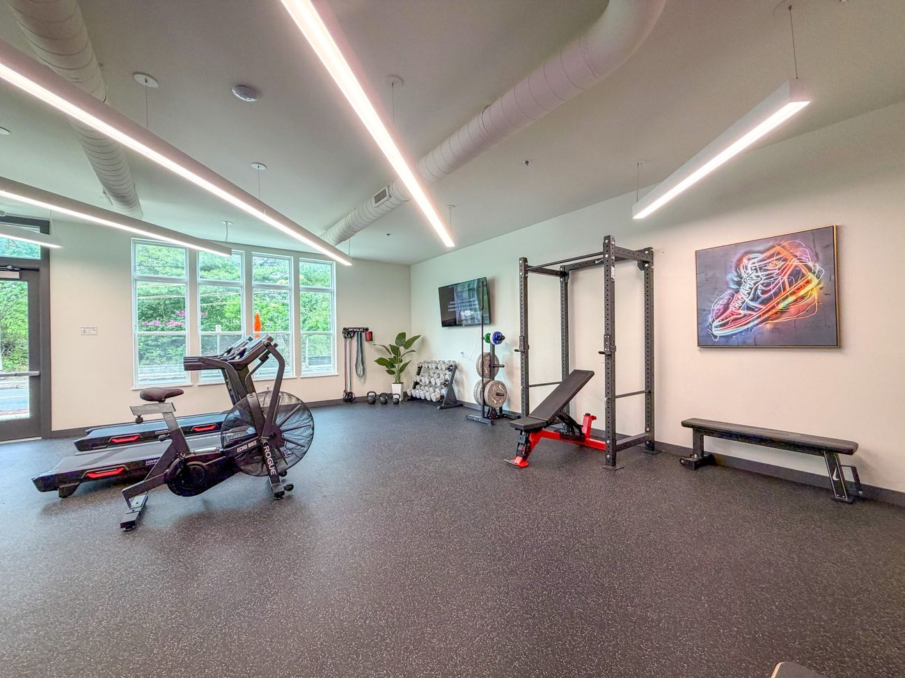 Bright fitness center with Rogue equipment at 476 Taylor Apartments