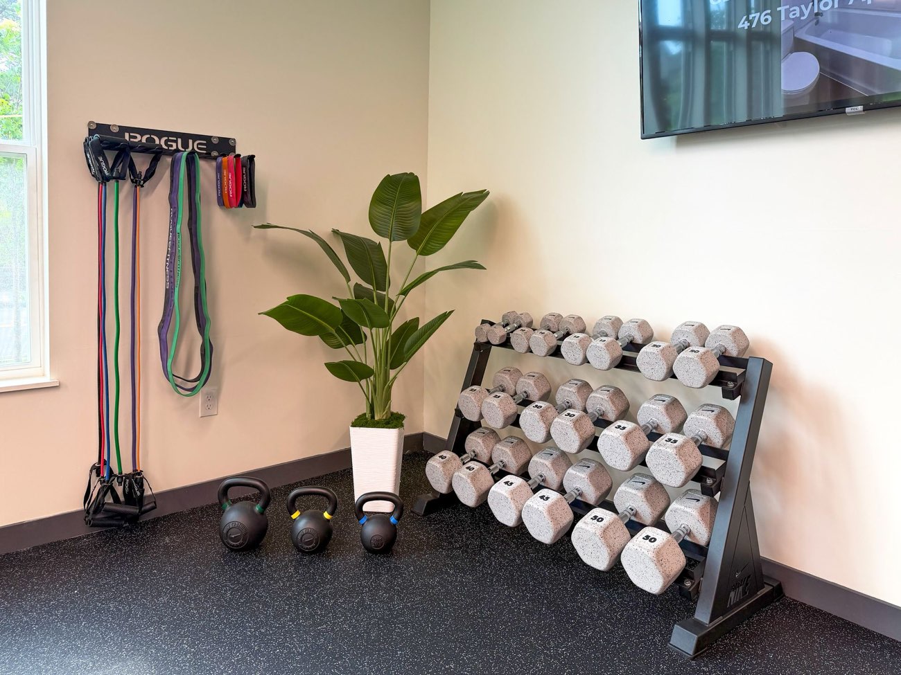 Fitness center with squat rack and free weights